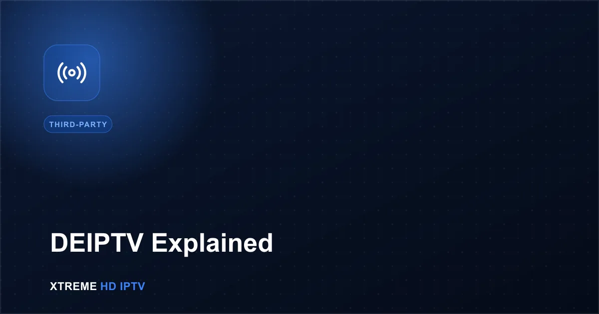 Navy blue illustration with a radio signal icon representing the DEIPTV service