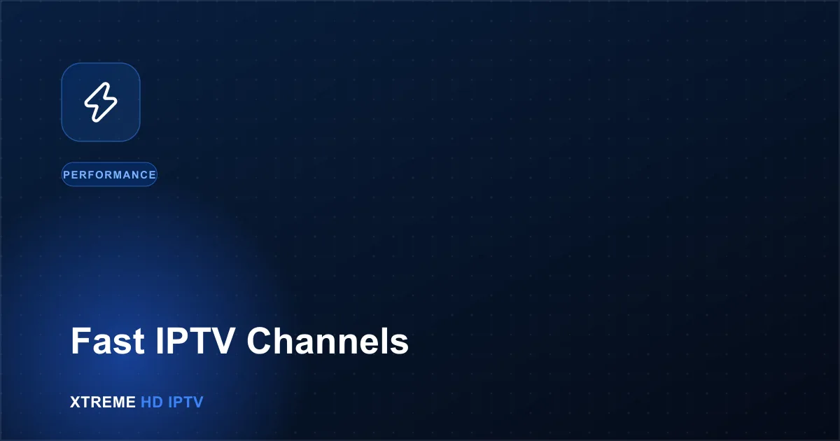 Navy blue illustration with a lightning bolt icon representing fast IPTV channel switching