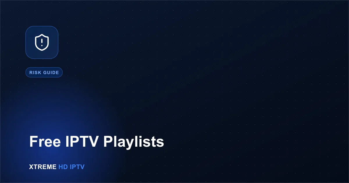 Navy blue illustration with a shield alert icon representing free IPTV playlist risks