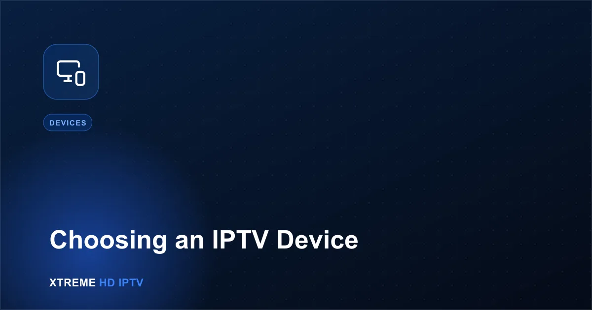 Navy blue illustration with a monitor and smartphone icon representing IPTV devices