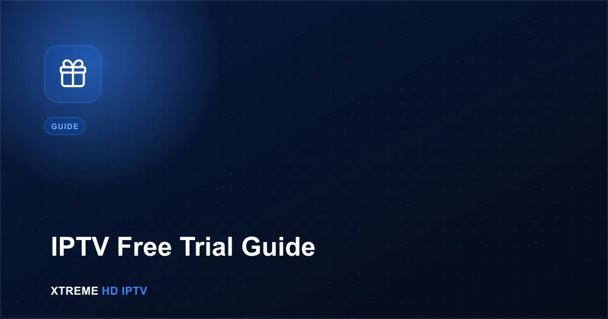 Navy blue illustration with a gift box icon representing an IPTV free trial