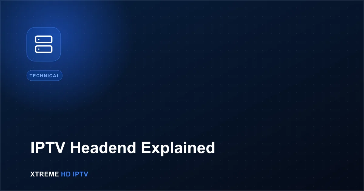 Navy blue illustration with a server icon representing IPTV headend infrastructure