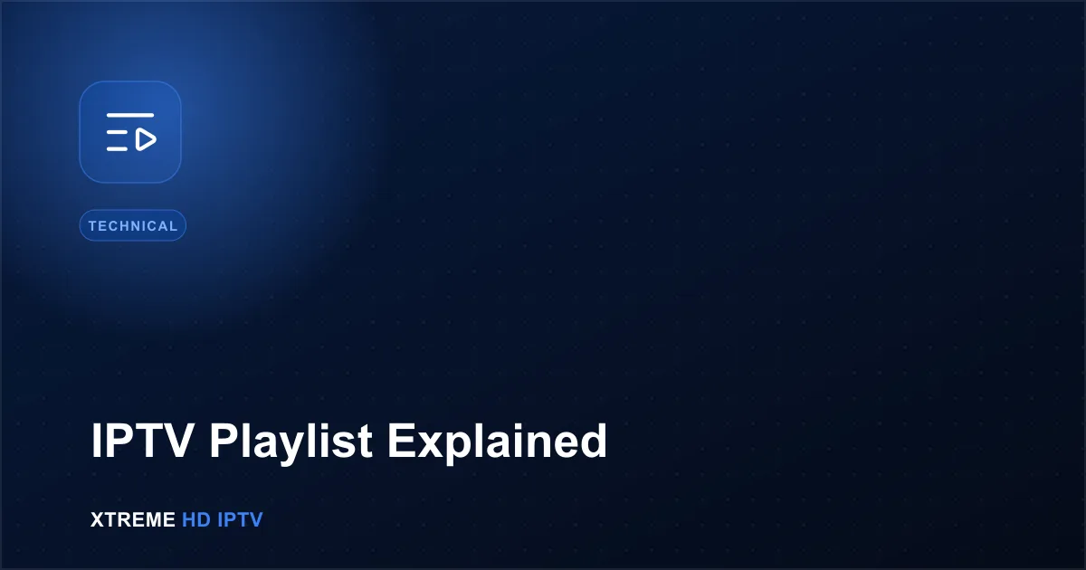 Navy blue illustration with a video playlist icon representing IPTV playlists