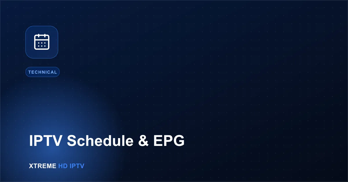 Navy blue illustration with a calendar icon representing the IPTV schedule and EPG