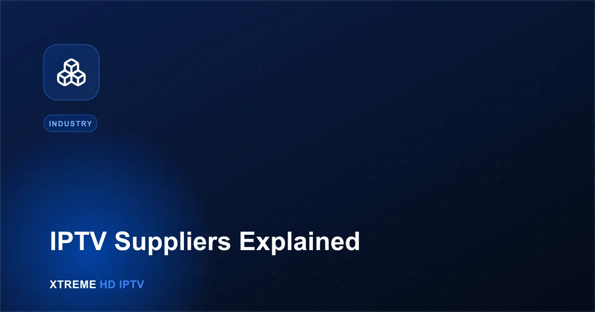 Navy blue illustration with a stacked boxes icon representing the IPTV supply chain