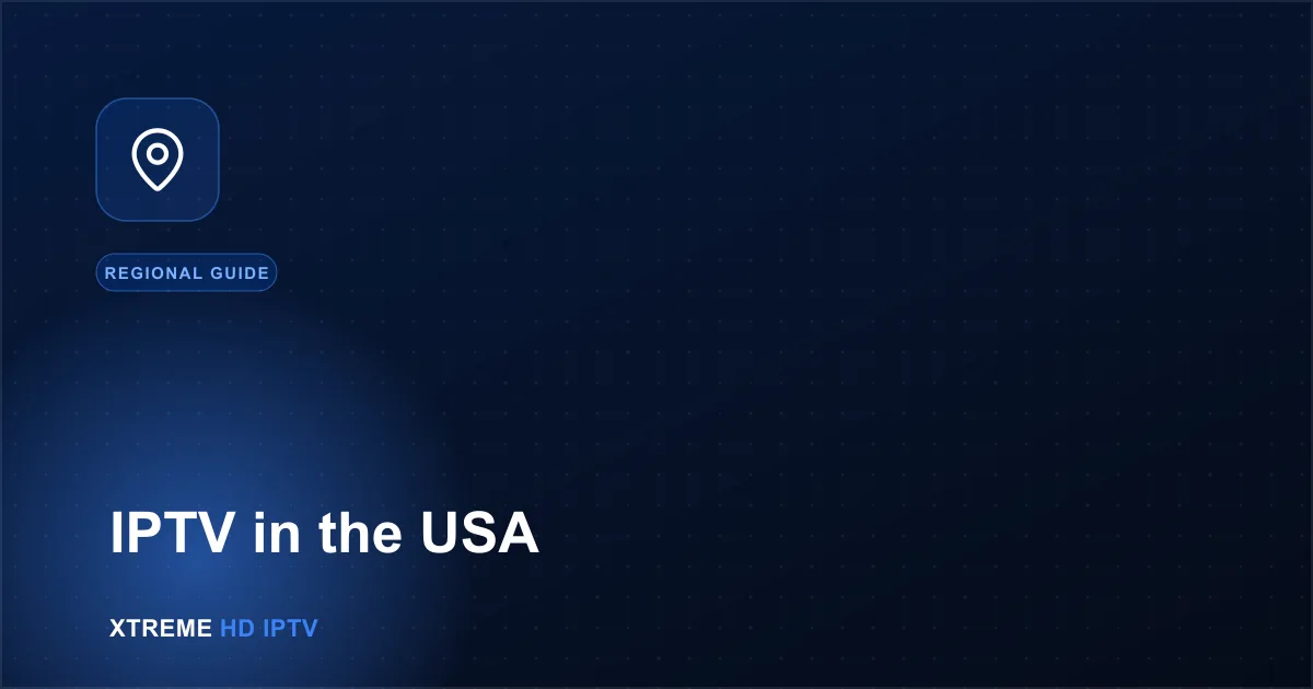 Navy blue illustration with a map pin icon representing IPTV in the USA