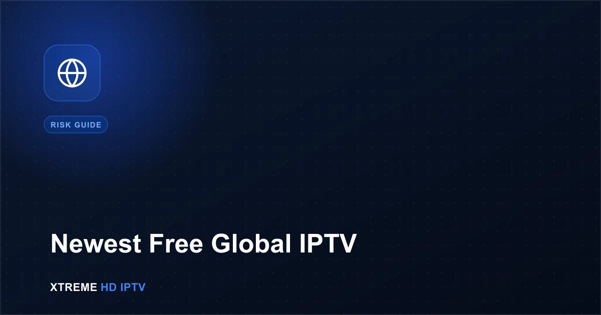 Navy blue illustration with a globe icon representing free global IPTV options
