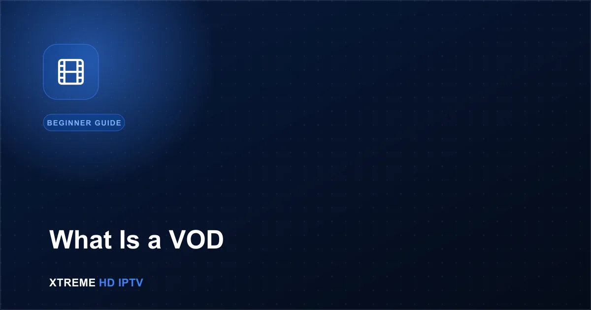Navy blue illustration with a film reel icon representing video on demand