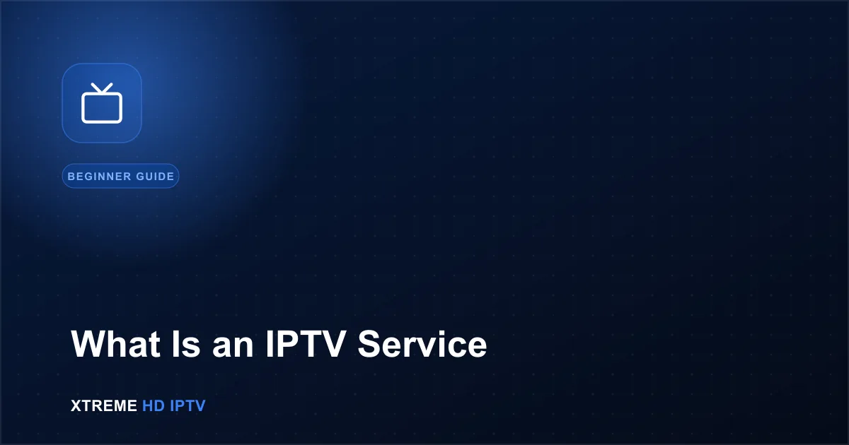 Navy blue illustration with a television icon for the IPTV service beginner's guide