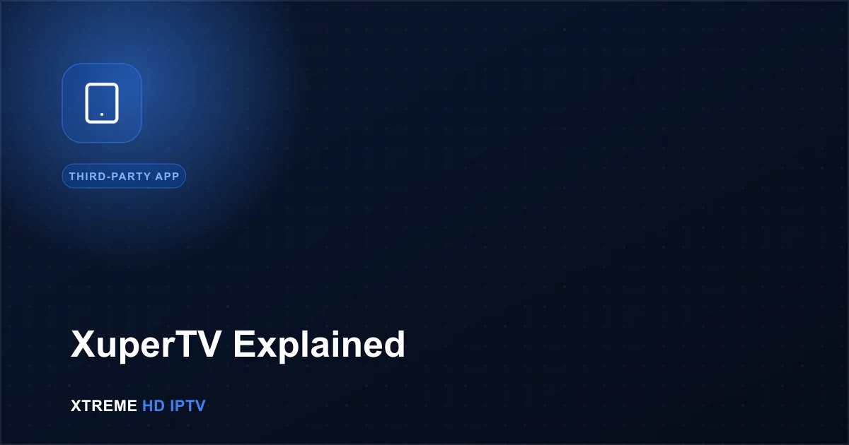 Navy blue illustration with a tablet icon representing the XuperTV player app